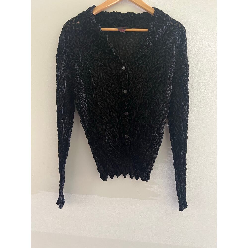 Pleats Collection Y2K Stretchy Crinkle Button Down Black Sheer Size Medium JL